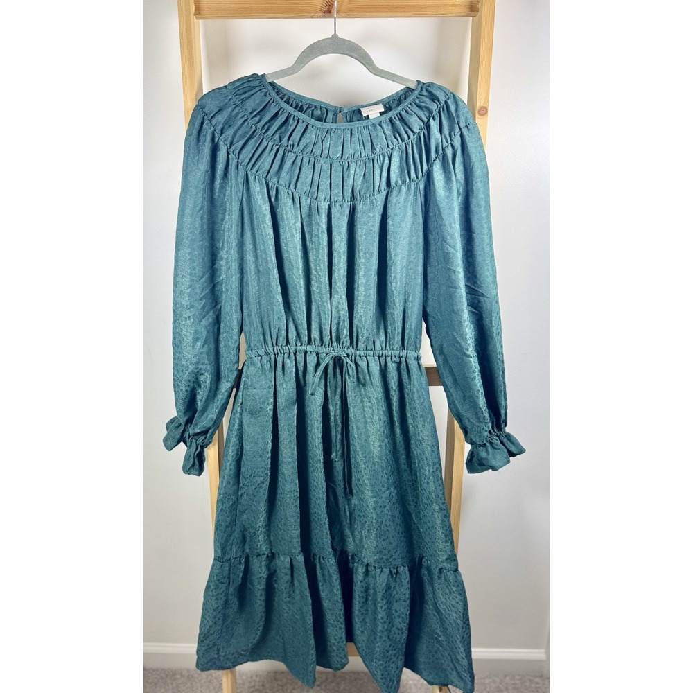 A New Day Women's XS Green Print Tiered Dress - Long Sleeve, Boho Holiday Party